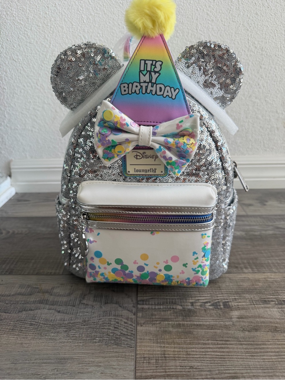 Loungefly 'It's My Birthday' Silver Sequin Mini Backpack NWT